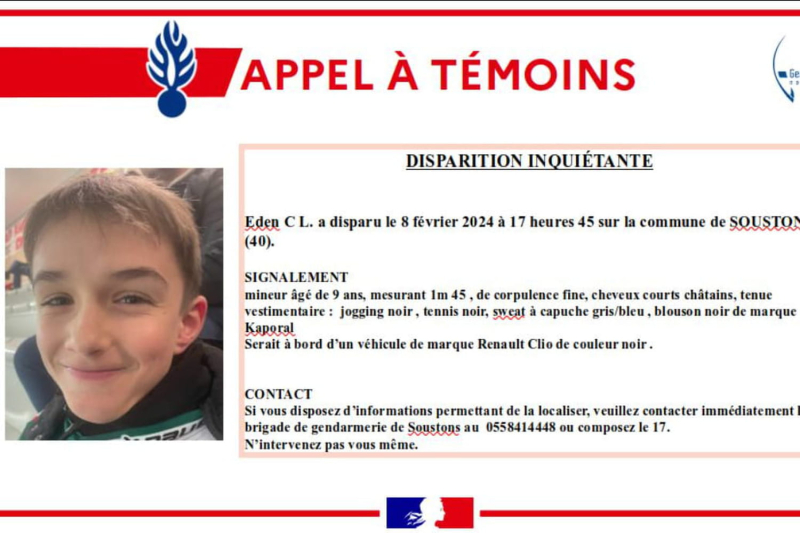 Disappearance of Eden in the Landes: a call for witnesses to find the 9-year-old child
