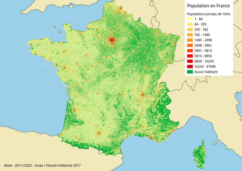 This map of France shows empty areas where no one lives