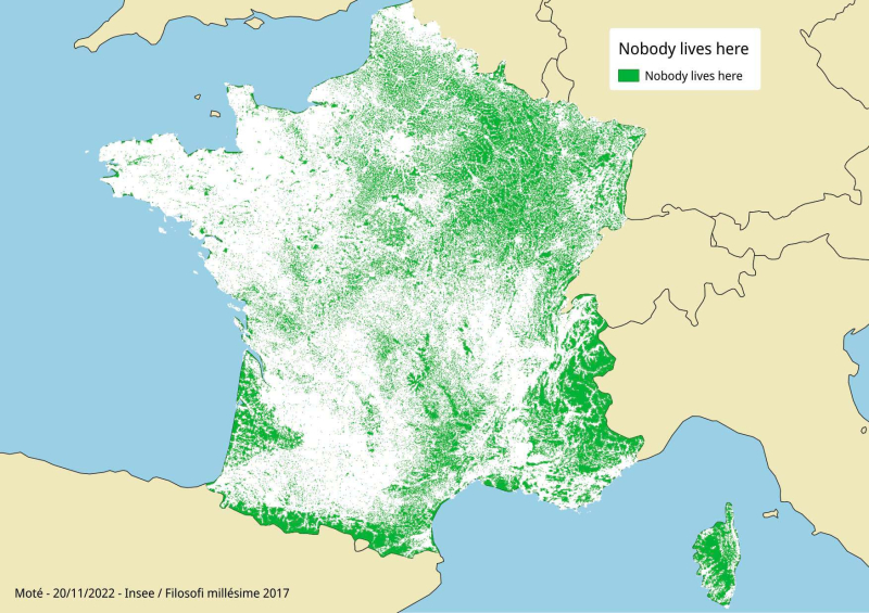 This map of France shows empty areas where no one lives